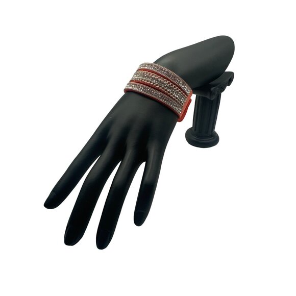 Wide Coral & Silver Chain Suede Wrap Bracelet With Snap Closure - Picture 1 of 6